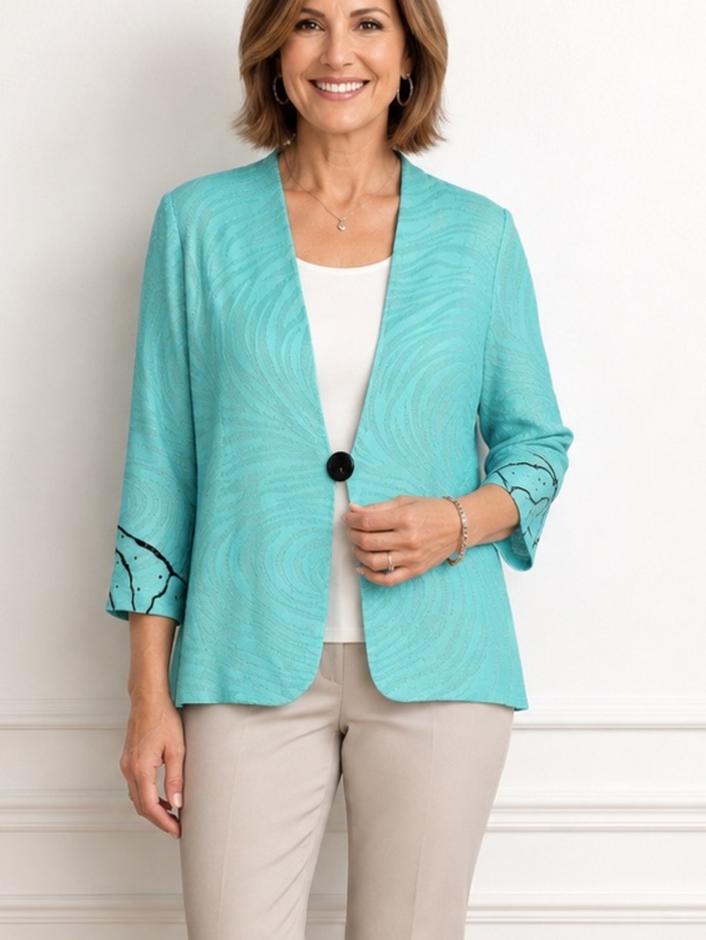 Ming Wang Women's XL Aqua Knit Jacket Cardigan Black Embellished Sleeve Office
